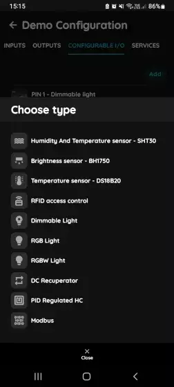 Choose type - Configurable I/O list