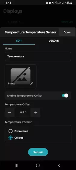 Edit Temperature sensor - Display