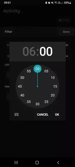 Set the time (hours) to filter activities