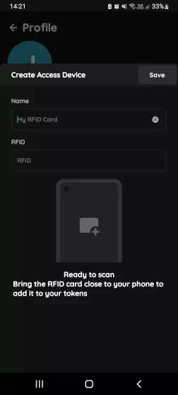 Create Access Device - Your Profile - RFID card
