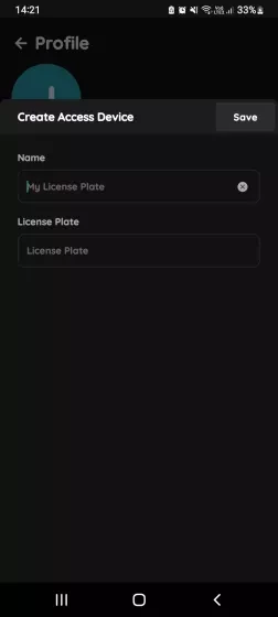 Create Access Device - Your Profile - Licence Plate