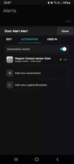 Confirm automation settings for Alert and Magnet Contact sensor
