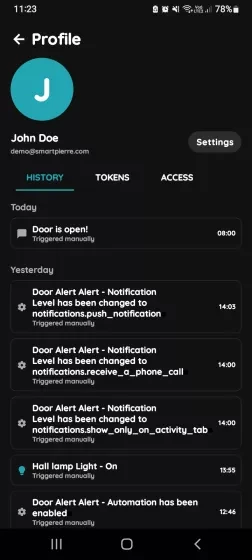 History, Tokens, Access, Settings