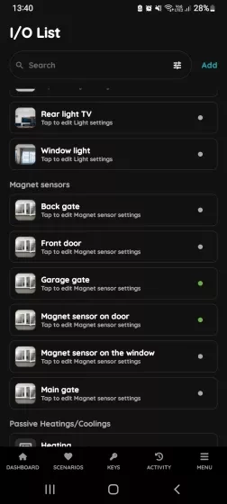Alarm - Add existing I/O - I/O list - Motion sensor 