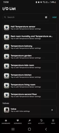 Open I/O list - Valve