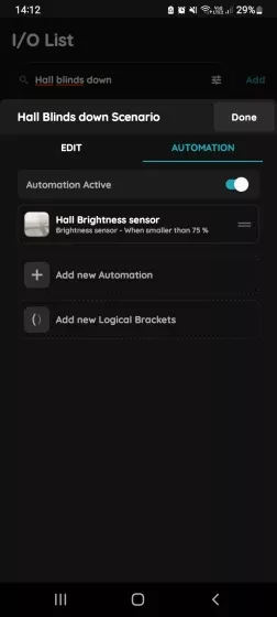 Confirm Automated Scenario settings for Blinds and Brightness sensor